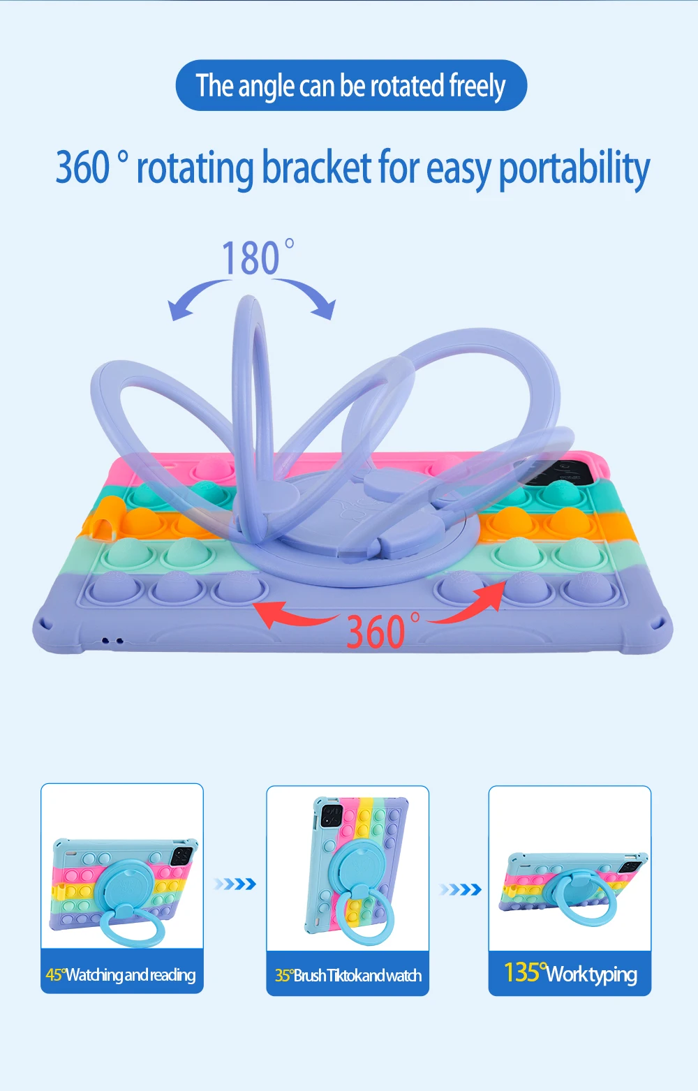 Soft Silicone Kids Tablet Case with 360° Rotating Stand, Handle Grip, Shoulder Strap, and Shockproof Protection