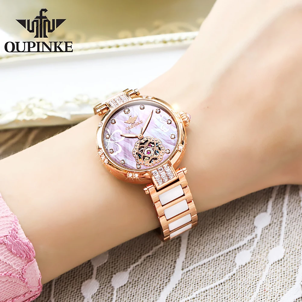 OUPINKE 3183 Women's Watches Original Hollow Automatic Mechanical Watch For Woman Luxury Ceramic Steel Strap Ladies Wristwatches