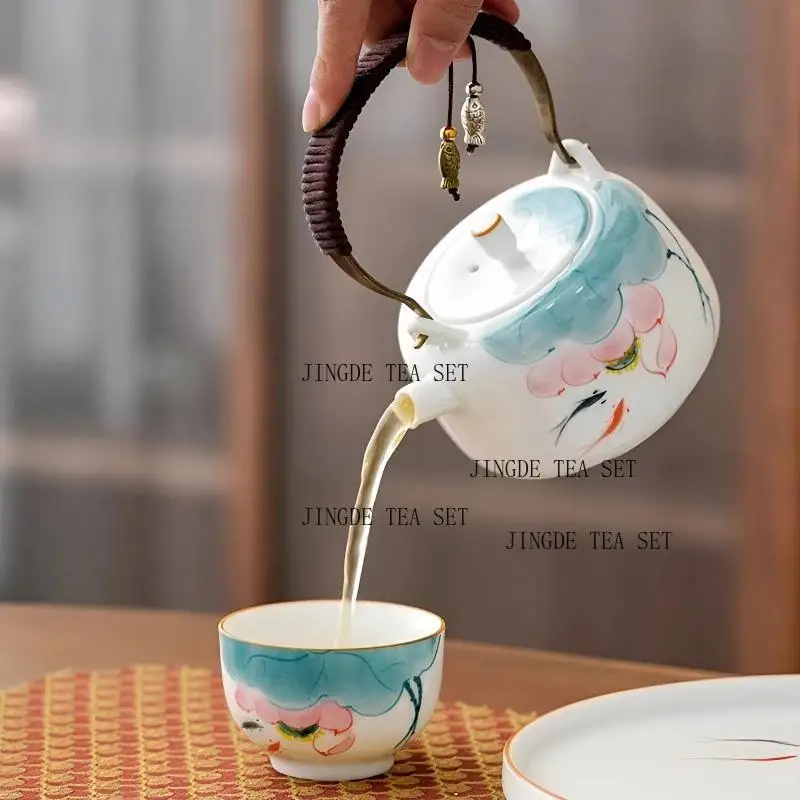 Ceramic hand-painted fish play lotus tea cup tea pot set one pot two cups handle pot, Kung Fu set with tea tray