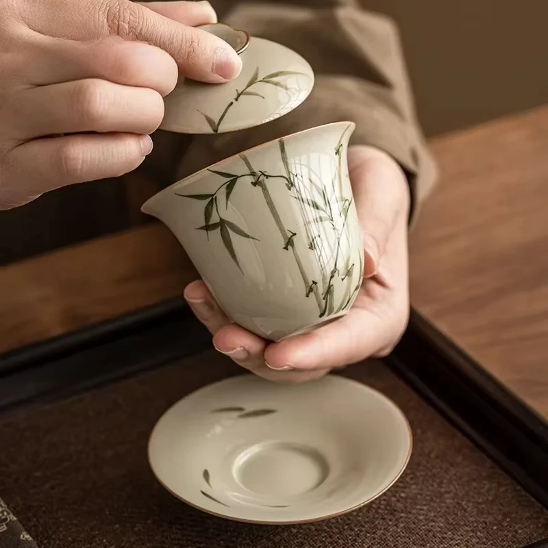 Hand Painted Green Bamboo Tea Tureen ceramic Chawan Gaiwan Supplies Puer Jingdezhen Bowl Cover Cup Chinese Porcelain Tableware
