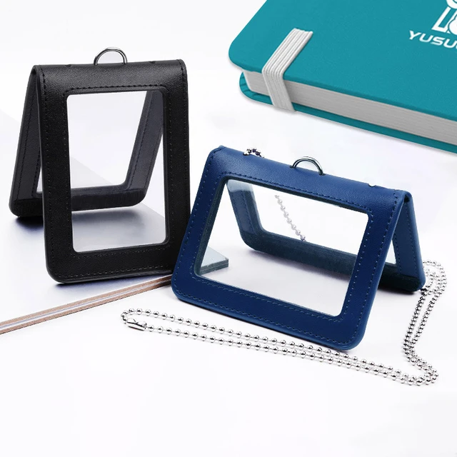 Luxury PU Leather Double Card Sleeve ID Badge Case Clear Bank Credit Card Badge  Holder Coin Purse Zip Card Bag with Neck Lanyard - AliExpress