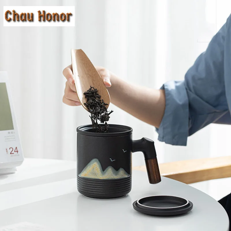 400ml Japanese Hand Painted Distant Hills Coarse Pottery Mug With Handle Filter Lid Coffee Cup Home Porcelain Cup Office Tea Mug