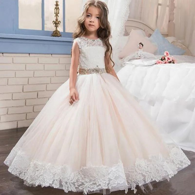 

Flower Girl Dresses For Wedding O-Neck Decal Fluffy Bow Pageant Dress Floor Length Prom First Communion Birthday Party