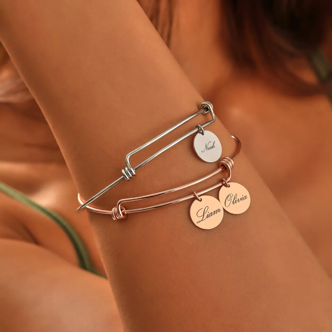 Personalized  Engraved Disc 1-6Names Adjustable Bangles for Women Customized Stainless Steel Bracelet for Mama Jewelry Gift