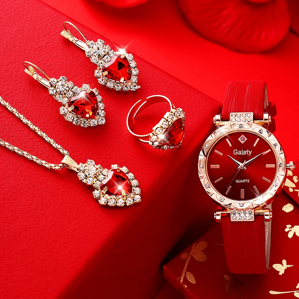 5 Women's Quartz Watches With Red Leather Straps, Heart-shaped Necklaces, Earrings, And Rings. Gifts For Eid Al Fitr 3