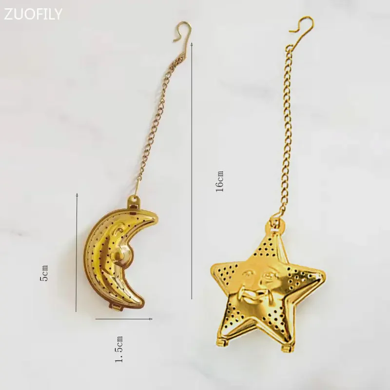 2pcs Moon Star Shaped Eid Mubarak Tea Mesh Infuser Gold Silver Staniless Steel Ramadan Tea Strainer Set Spice Filter with Chain