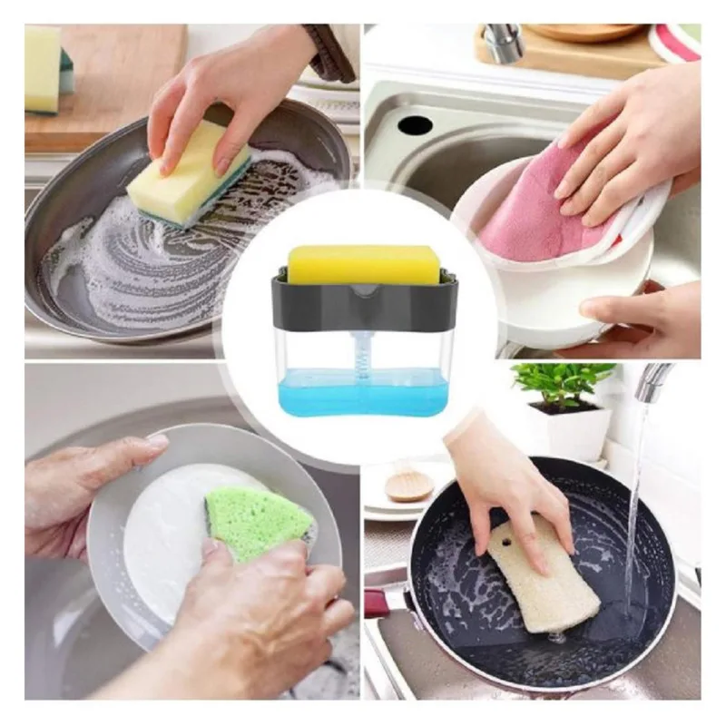 Portable Detergent Dispenser Set for Kitchen Dish Soap Box with Sponge Holder Hand Press Liquid Dispensing Kitchen Tools