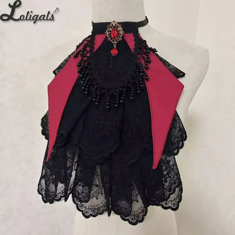 Black Lolita Gothic Jabot Necktie Gothic Beaded Tassel Multi-Layer Lace Detachable Costume Collar