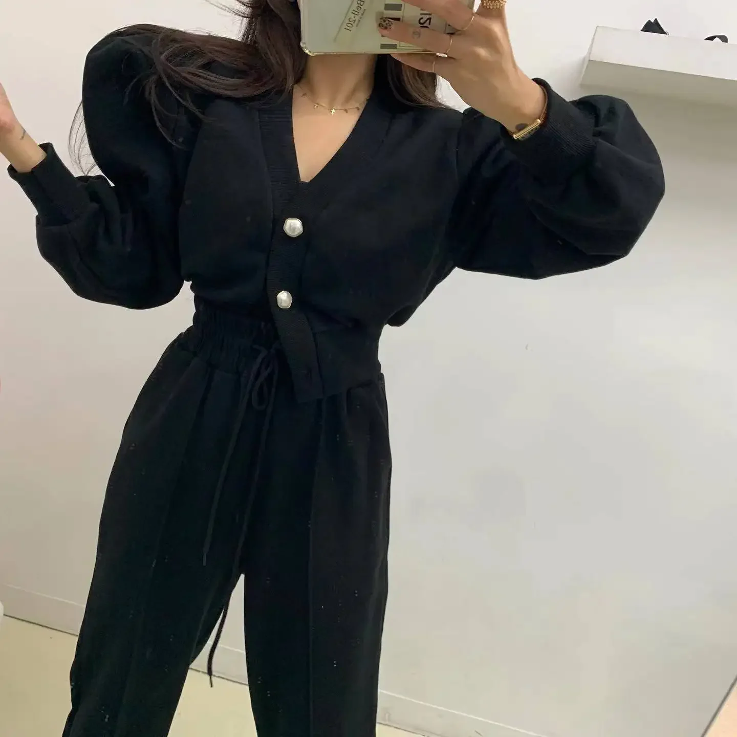 Korean Fashion Casual Suit Women's Autumn 2023 New Puff Sleeve V-neck Short Sweatshirt High Waist Wide Leg Pants Two-Piece Set