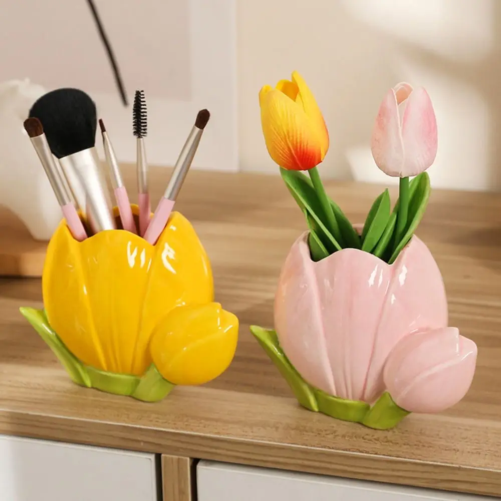 

Cute Tulip Flower Pen Holder Retro Aesthetic Stationery Shelf Large Capacity Multifunction Makeup Brush Storage Bucket