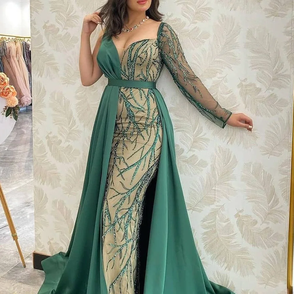 

Temperament Applique Mermaid Trumpet Evening Gown Sexy Ladies Dresses Formal Sweep / Brush Train Long Sleeve One Shoulder Ruched