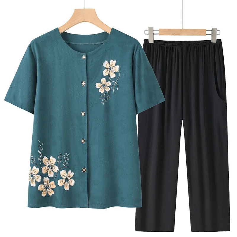 Summer Pajamas Set Thin Cardigan Sleepwear Plus size Homewear Middle Aged Mother Pijama Feminino Printing Pyjama Pour Femme
