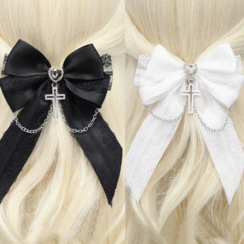 Gotische Haarspange mit Schleife, Spitze, Kreuzkette, Stoff-Haarklammer, Dekoration, Romantisches Vintage-Haaraccessoire für Frauen und Mädchen, Cosplay – Detail 3
