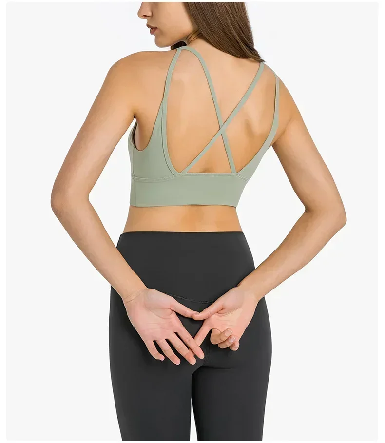 Lemon Sexy V Neck Women Sport Bra Cross Straps Fitness Padded Sport Yoga Bra Medium Support Workout Crop Top Gym Wear Activewear