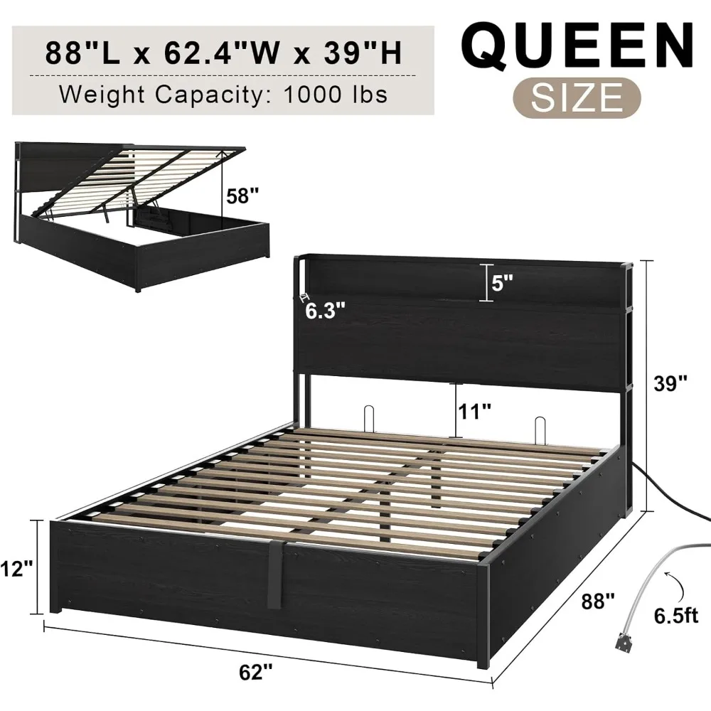 Lift Up Storage Bed Frame, Wooden Platform Bed Frame with Lifting Storage & Charging Station, No Spring Box Needed/Noise Free 2