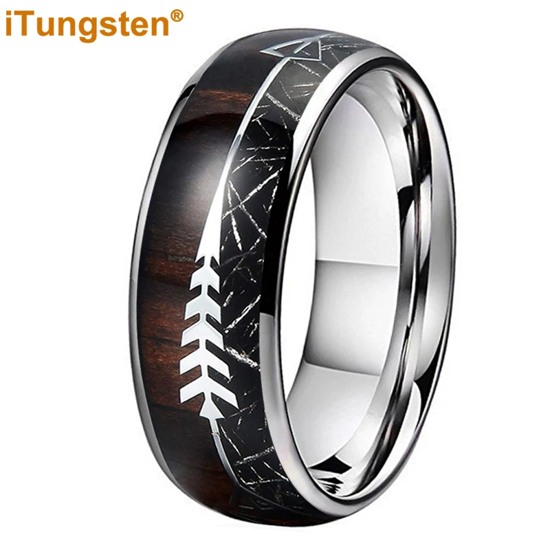 Itungsten 8Mm Anello In Tungsteno Uomo Donna Fidanzamento Fede Nuziale Black Meteorite Koa Wood Arrow Inlay Comfort Fit