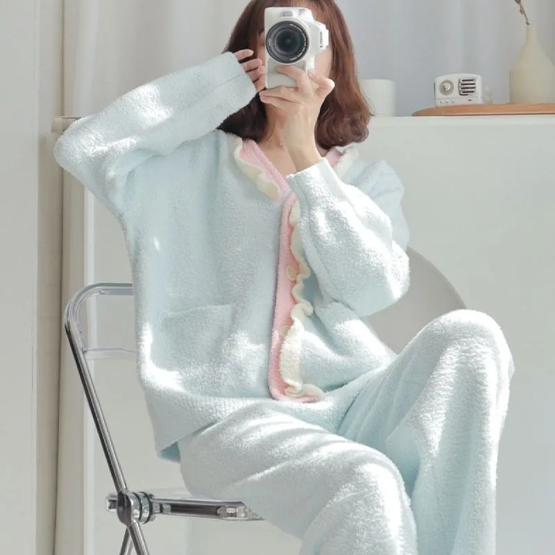 2024 New Pajamas Women's Autumn Winter Sweet Sleepwear Thick Warm Coral Velvet Loungewear Set V-neck Falbala Loose Homewear