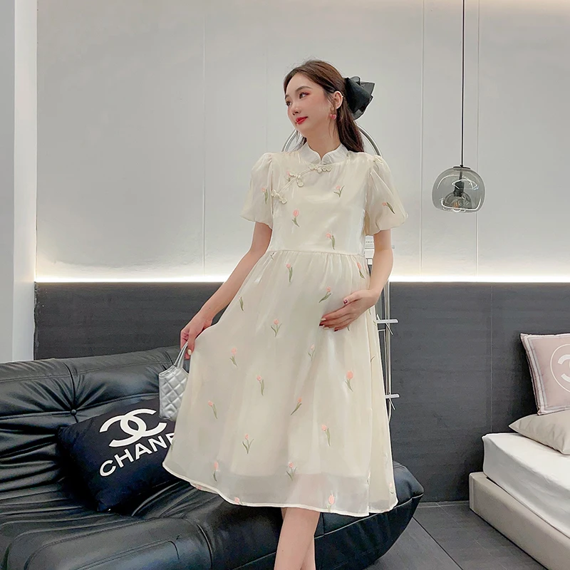 

2024 Summer Plus Size Pregnant Women's Cheongsam Puff Sleeve Fashion Maternity Fashion Embroidery Organza Dress for Party Sweet