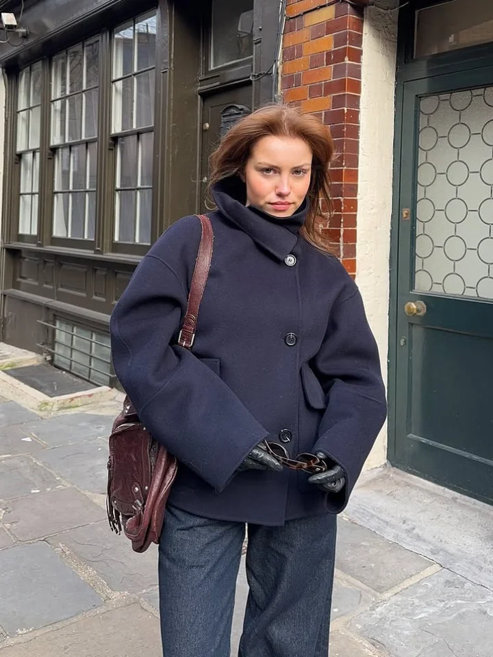 Elegant Stand Collar Woolen Jacket For Women Y2K Single Breasted