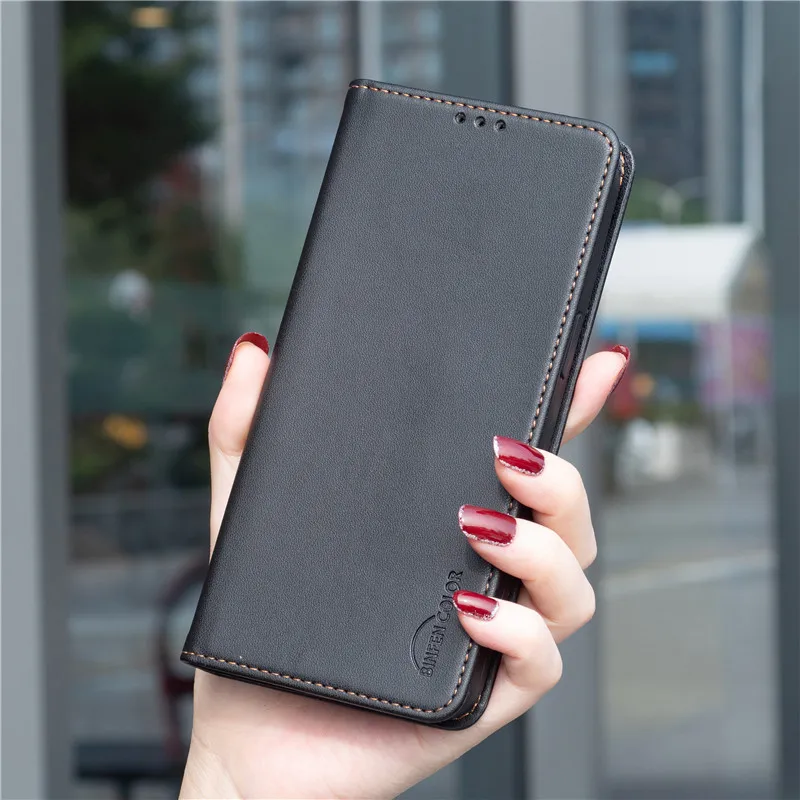 Luxury Leather Flip Phone Case with Magnetic Cover and Solid Color Wallet Design