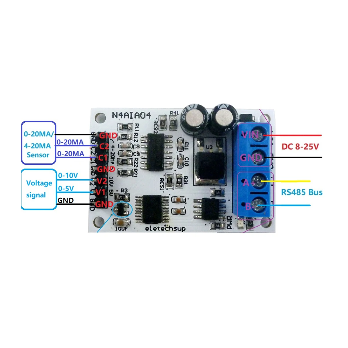 

4-20MA to RS485 voltage and current analog collector ADC Modbus RTU 03 06 function code