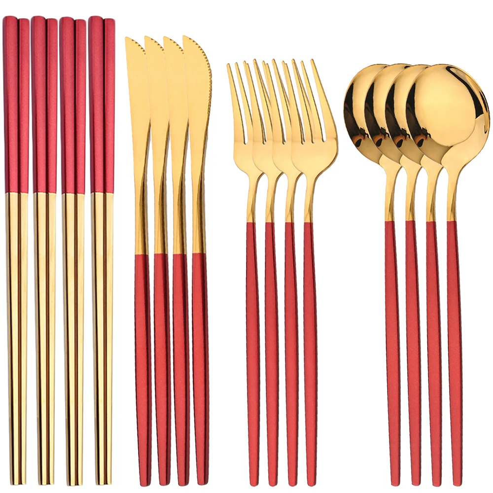 

AJOYOUS 16Pcs Dinnerware Sets Stainless Steel Knife Fork Spoon Faltware Cutlery Mirror Western Clamp Tableware Chopstick Kitchen