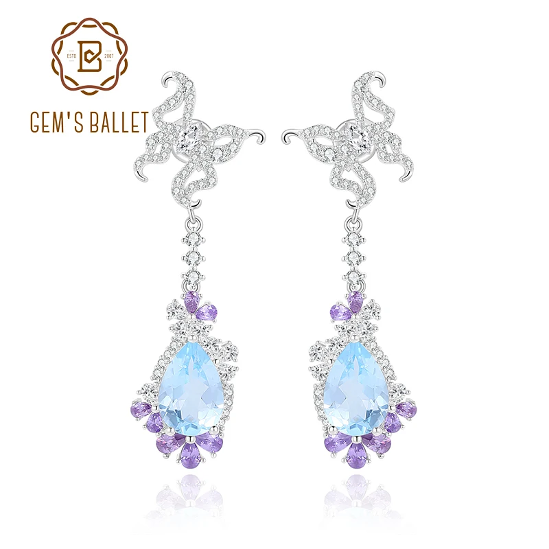 

GEM'S BALLET Luxury Natural Sky Blue Topaz Statement Earrings in 925 Sterling Silver Bridal Wedding Earrings Gift For Her