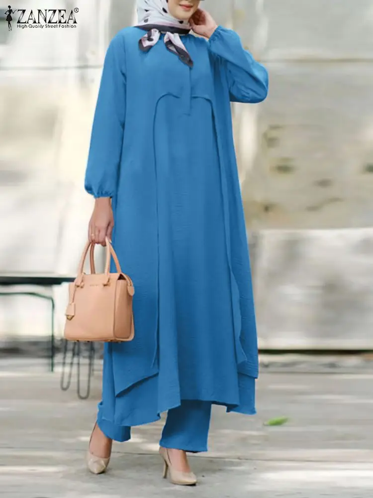 ZANZEA Muslim Abaya Suit Autumn Fashion Matching Sets Women Long Sleeve Blouse Pants Sets Urban Tracksuits IsIamic Dubai Outfits