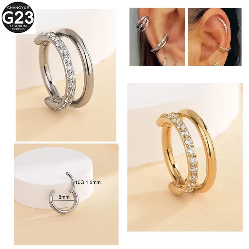 

G23 Titanium Tragus Earrings Septum Piercing Zircon Nose Rings High Section Clickers Hoop Cartilage Helix Piercing Jewelry 16G