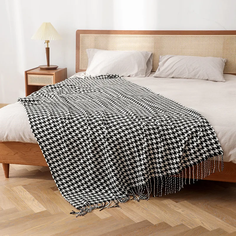 

Декоративное одеяло в скандинавском стиле для дивана или кровати, черно-белое вязаное длинное покрывало из твида с кисточками, покрывало для сна 130x170, x см