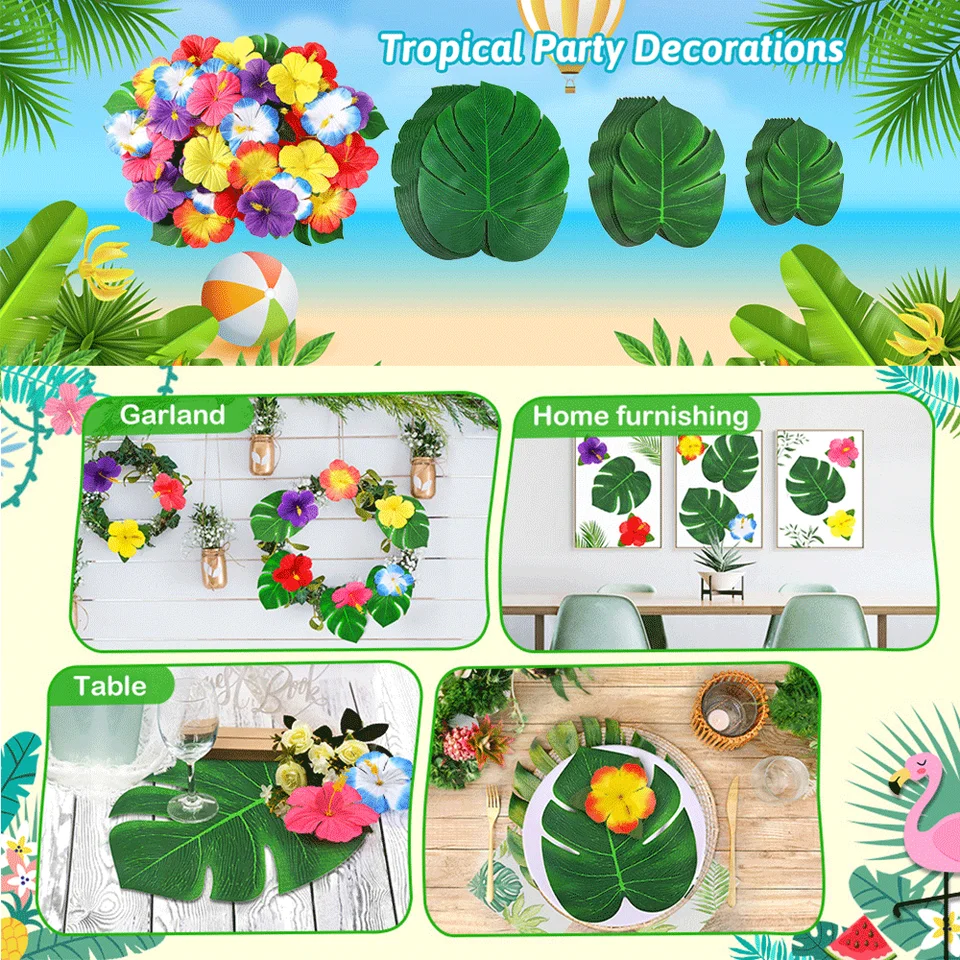 UMIKU 60 decorazioni tropicali per feste, 20 cm, foglie di palma tropicali e fiori di ibisco, foglie finte per feste hawaiane luau, giungla, spiaggia, decorazioni da tavolo a tema