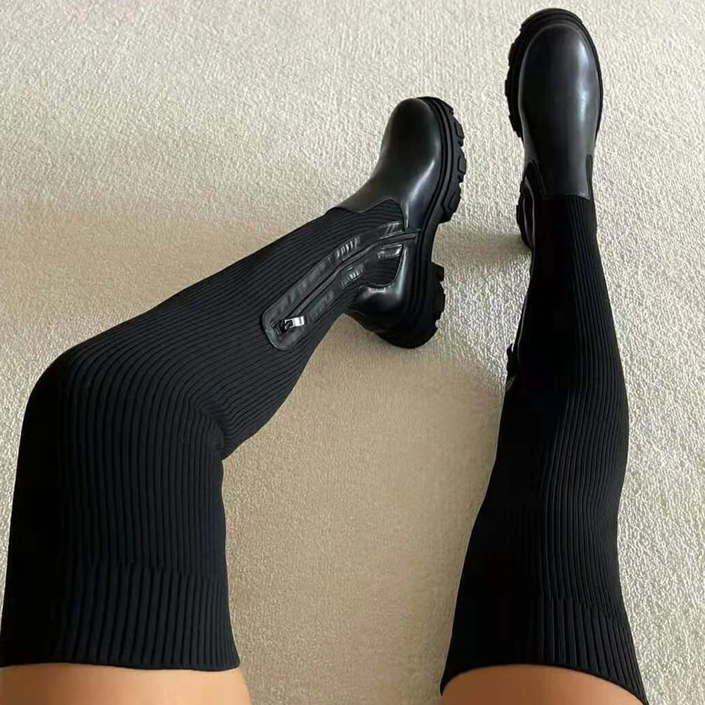 Platform Heels Round Head Leather Knit Stitching Over-the-knee Female Boots