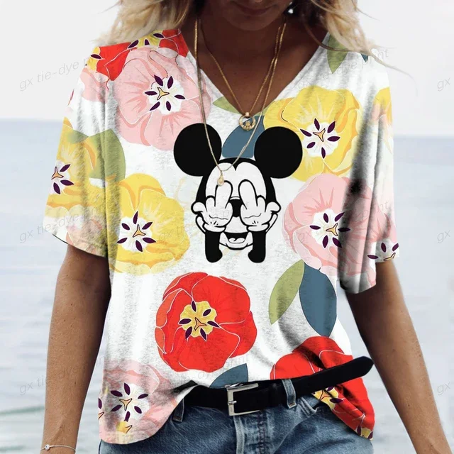 thumbnail image 1 of Camiseta de mujer con estampado de dibujos animados de Disney Mickey Mouse, holgada, de verano, de manga corta, con cuello en V, estilo kawaii, ropa de feminidad, 1 of 5