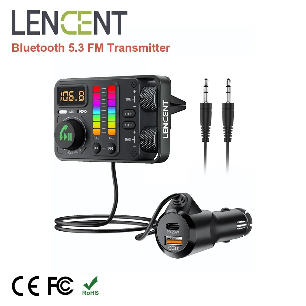 LENCENTBluetooth53CarFMTransmitterHiFiTrebleBassMusicPlayer