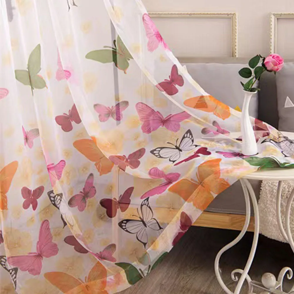 1PC Sheer Curtain for Bedroom Living Room Decoration Print Window Panel Romantic Butterfly Curtains Pattern 100CMx200CM Curtains medium