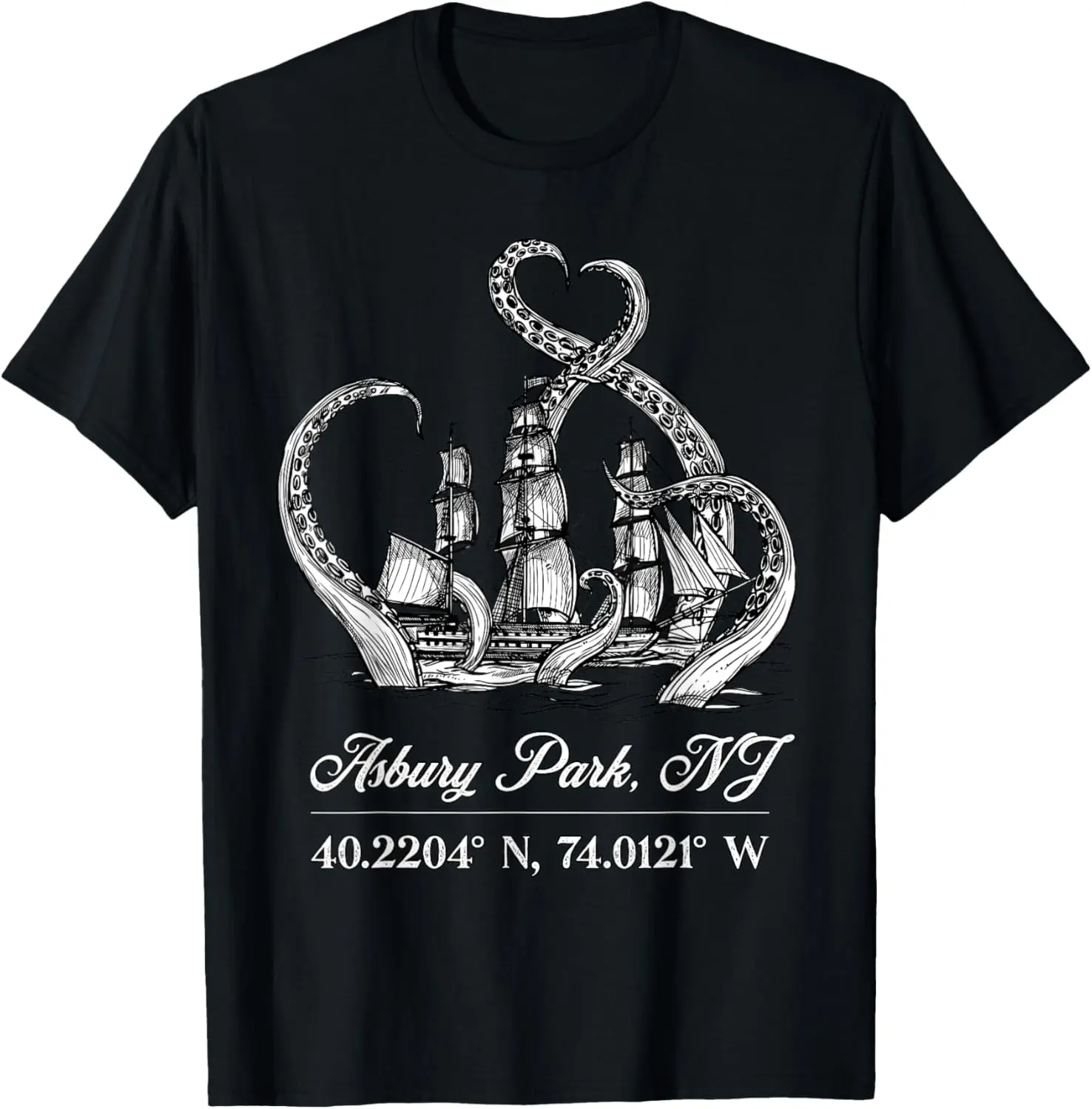 

Asbury Park, NJ Nautical Coordinates Boat Octopus T-Shirt