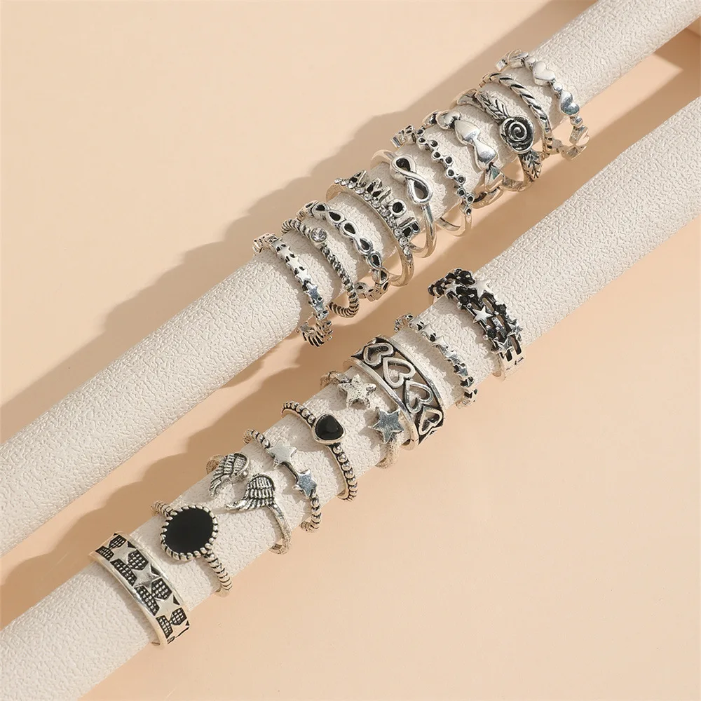 19 قطعة مجموعة البنصر الشرير الرجعية للنساء القلب الجناح ستار القوطية الدائري الإناث مجوهرات الأزياء والاكسسوارات