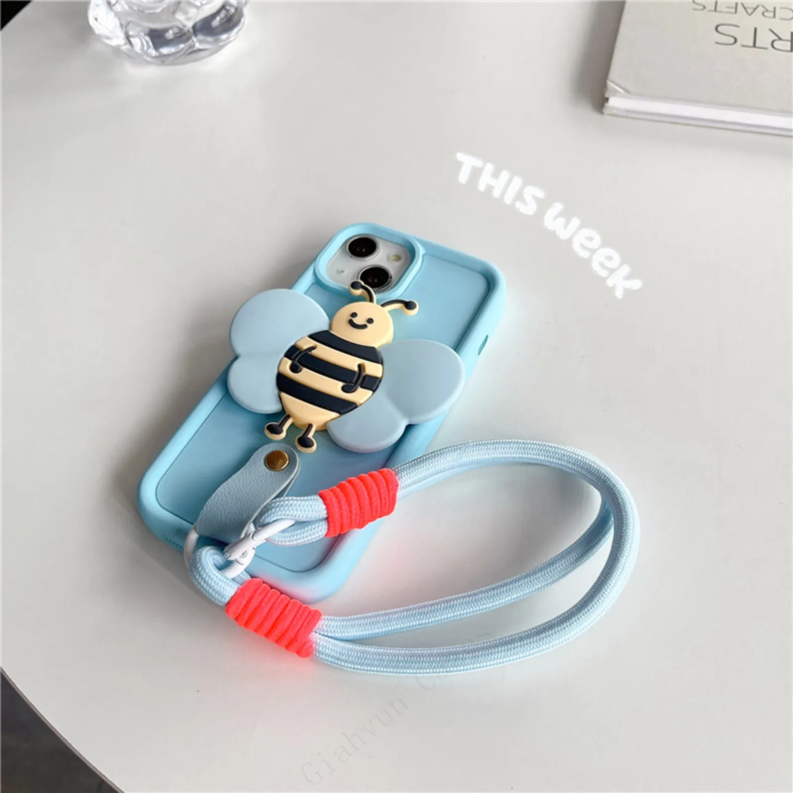 3D Cute Bee Butterfly Anti-lost Lanyard Chain Strap Holder Phone Case For iphone 15 14 X XR XS 1113 Pro Max 12 Pro 7 8 Plus Gift