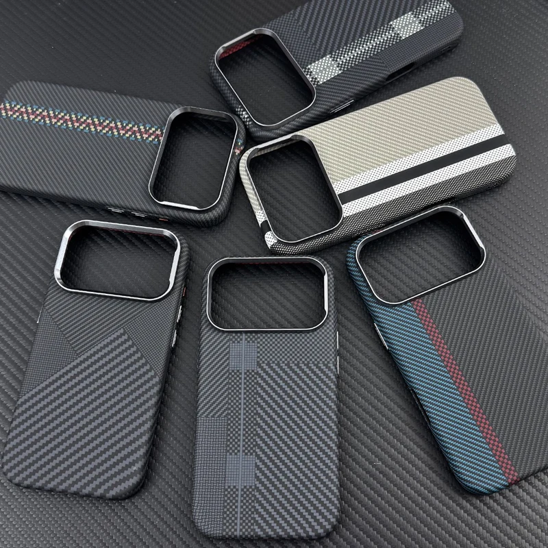 Carbon Fiber Texture Magnetic Armor Case - Ultrathin Alloy Lens, Wireless Charging Hard Cover