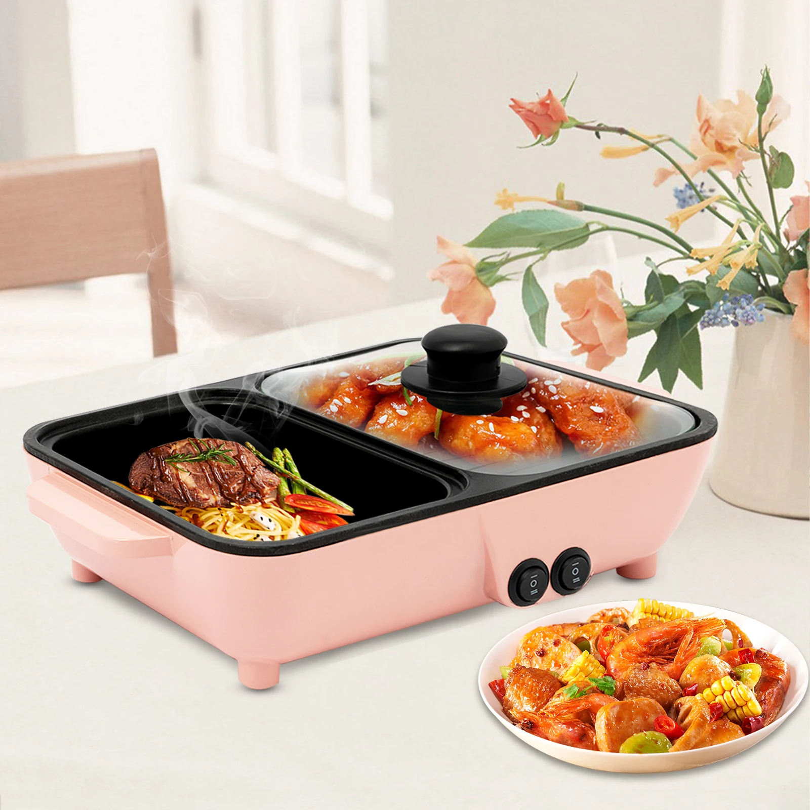 2 in 1 Electric Hot Pot Barbecue Grill Non-Stick Pan 110V Mini Shabu Shabu Hot Pot BBQ Grill Portable Home Kitchen Tools