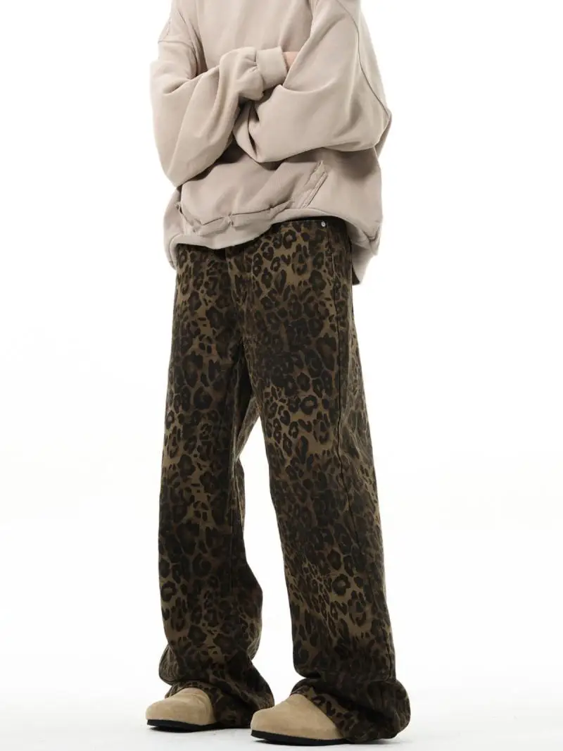 American original new retro leopard print jeans straight-leg loose men Korean style niche fashion casual versatile trendy pants