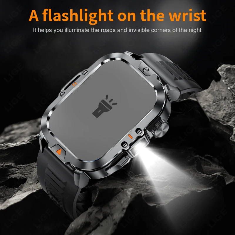 LIGE 2.01 Inch LED Flashlight Smart Watch 410mAh Large Battery IP68 Waterproof 100+ Sports Modes Military Outdoor New Smartwatch