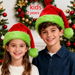 Festive Red Plush Santa Hat for Adults and Kids - Perfect for Holiday Celebrations and Gifts (For Kids red greenn)
