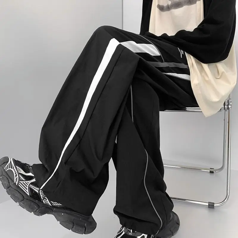 American Style Summer Pants Men's Patchwork Contrast Color Pockets Loose Straight Outdoor Casual Elastic Waist Wide Leg Trousers