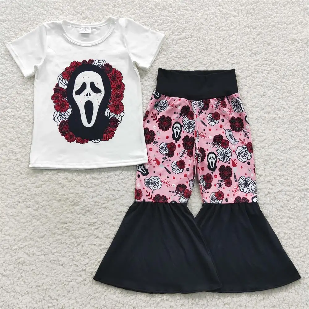 

Baby Girl Halloween Horror Set Toddler Short Sleeves T-shirt Floral Ghost Bell Pants Kids Infant Children Fall Flower Outfit