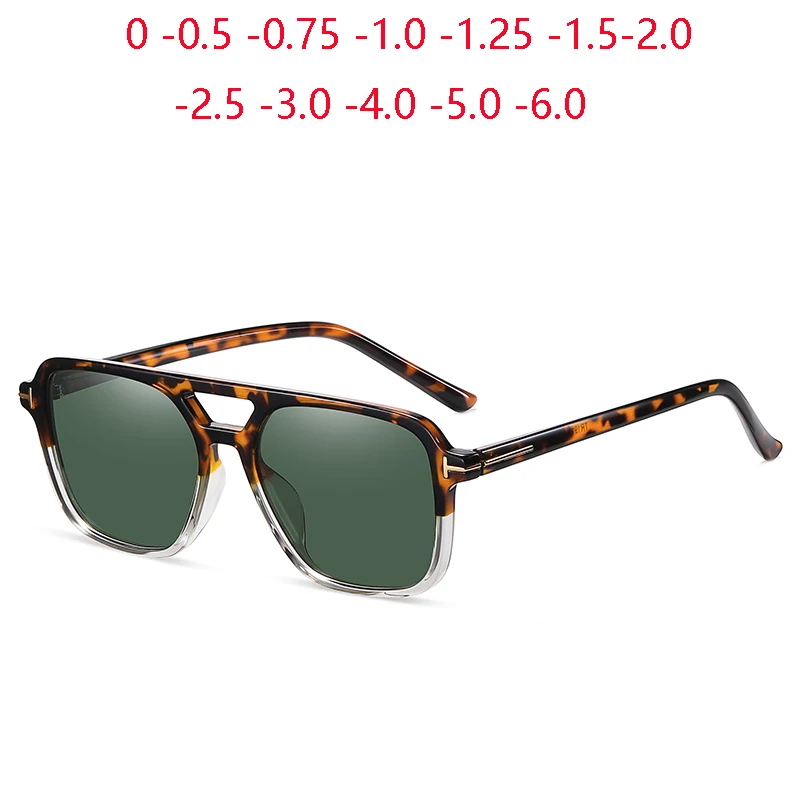 Double Beam TR90 Square Nearsighted Sunglasses Men Polarized Leopard