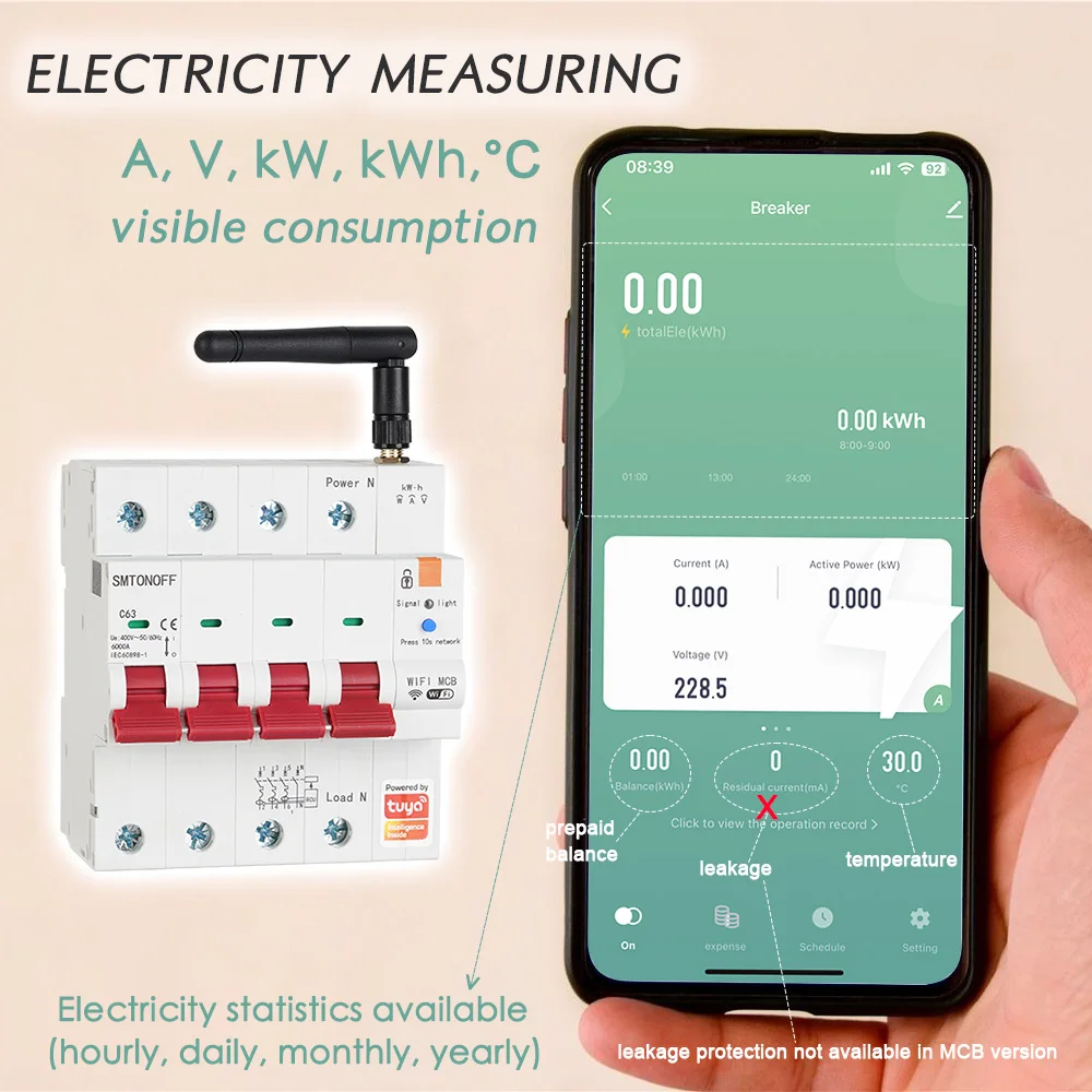 Tuya Smart WiFi RS485 4P MCB Breaker Prepaid Meter Timer Switch Voltage Current