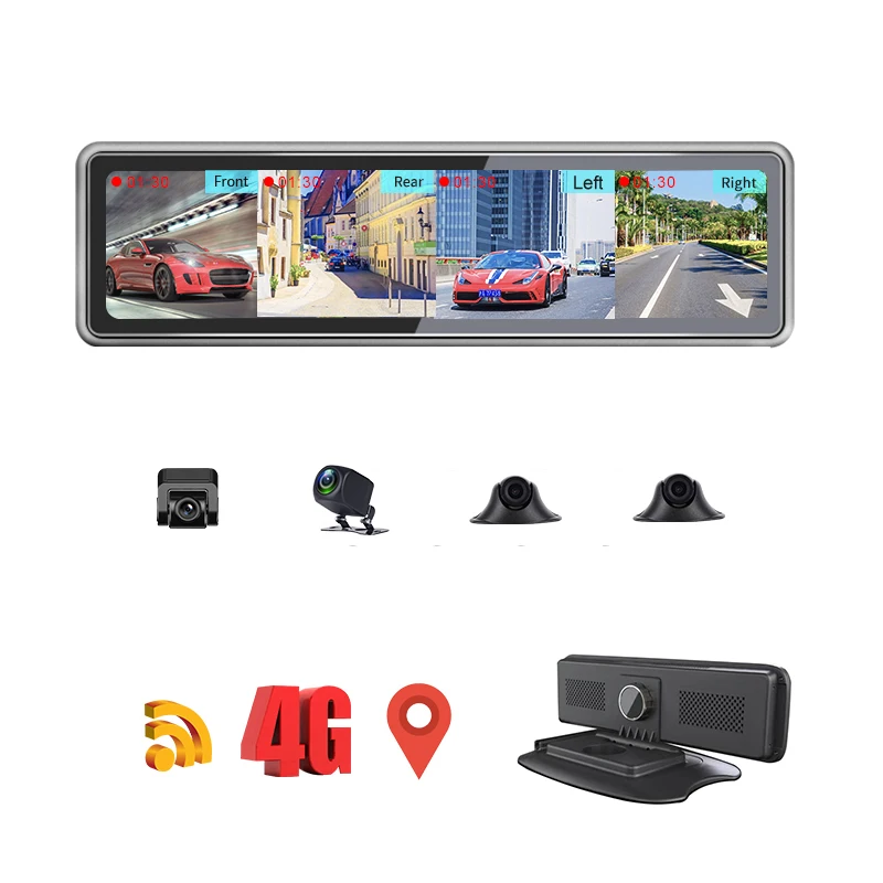 Dash Cam 4G Android 9.0 Car DVR 12" Full Touch 360 Panoramic Camera