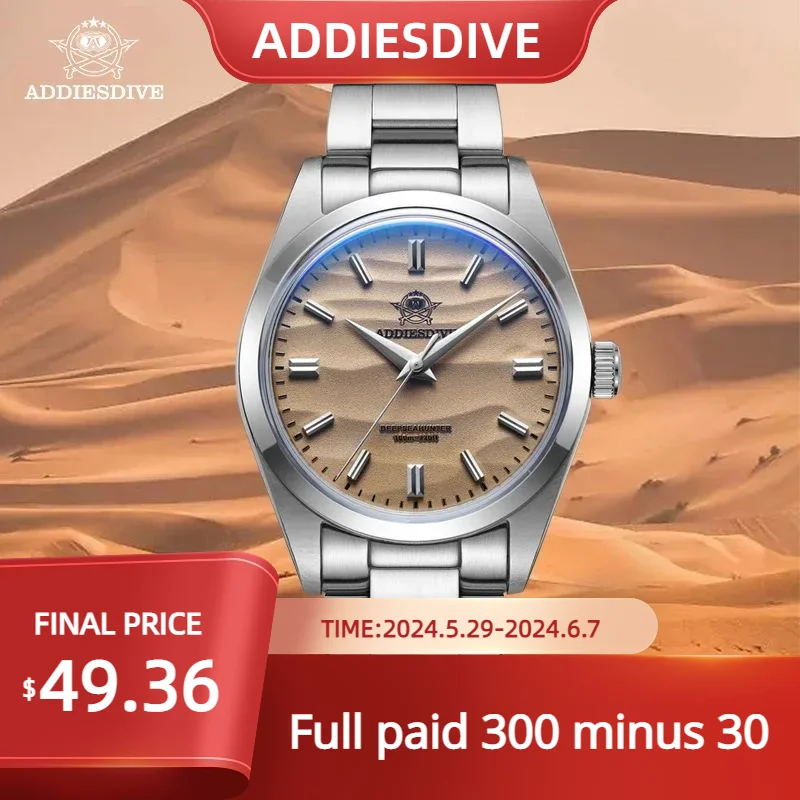 ADDIESDIVE AD2030 36MM Men‘s Business Watch Stainless Steel Watches Bubble Mirror Pot Cover Glass Quartz Wristwatch Reloj Hombre