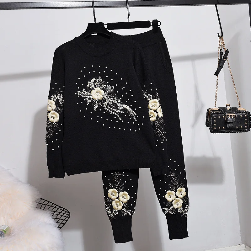 

Gray Black Knitted Tracksuit Women Outfits 2pc Manual Beading Sequins Flowers Sweater Pencil Pants Set Casual Knit Suit Female